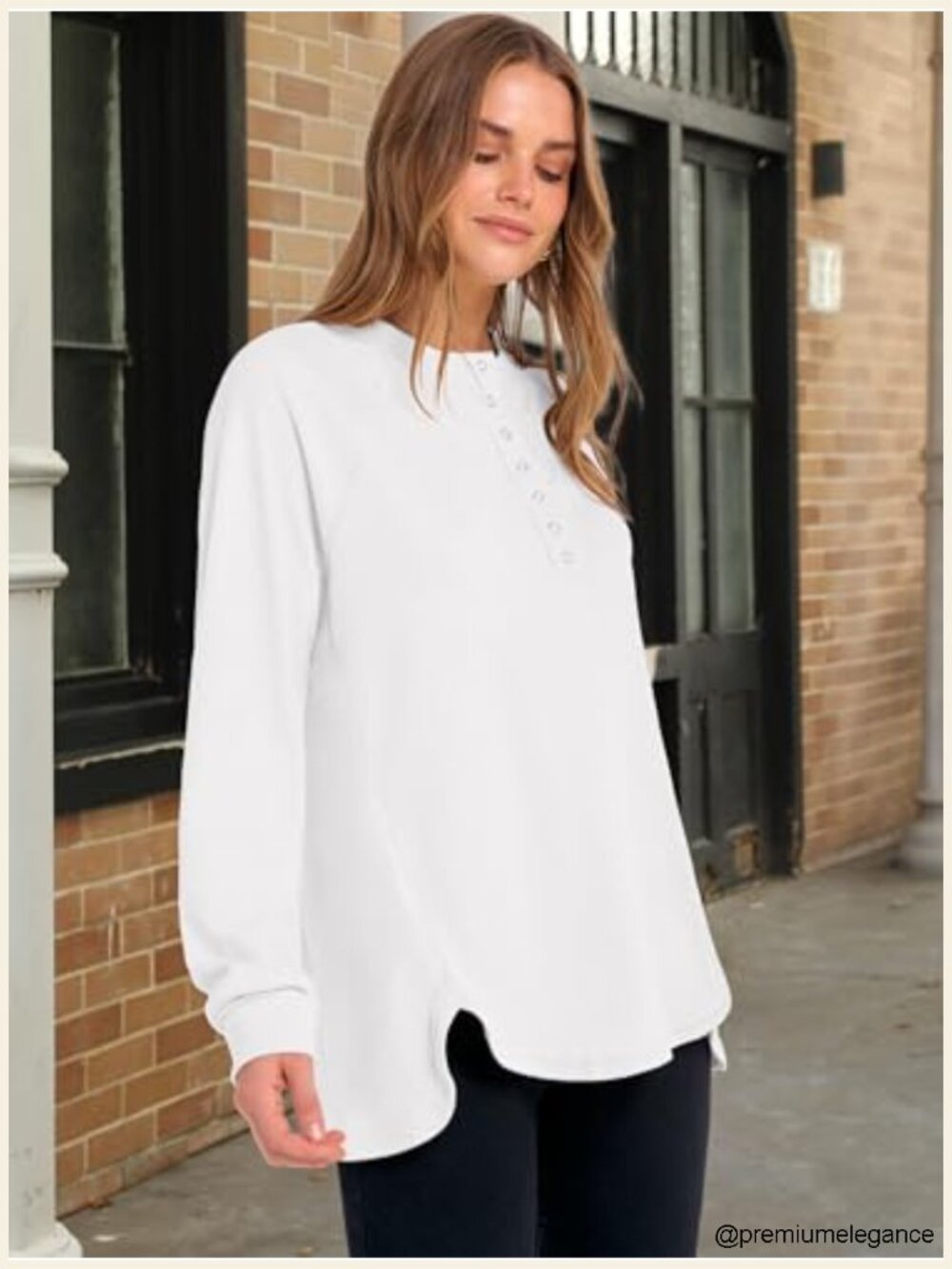 Long Sleeve Henley Oversized Sweatshirt Button Slit Hem Tunic Top Loose Fit - Picture 3 of 6